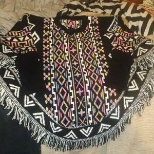 Black and Pink Off-the-Shoulder Sweater with Fringe